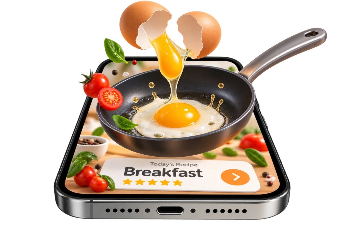 A frying pan with an egg and fresh ingredients above a phone displaying a breakfast recipe