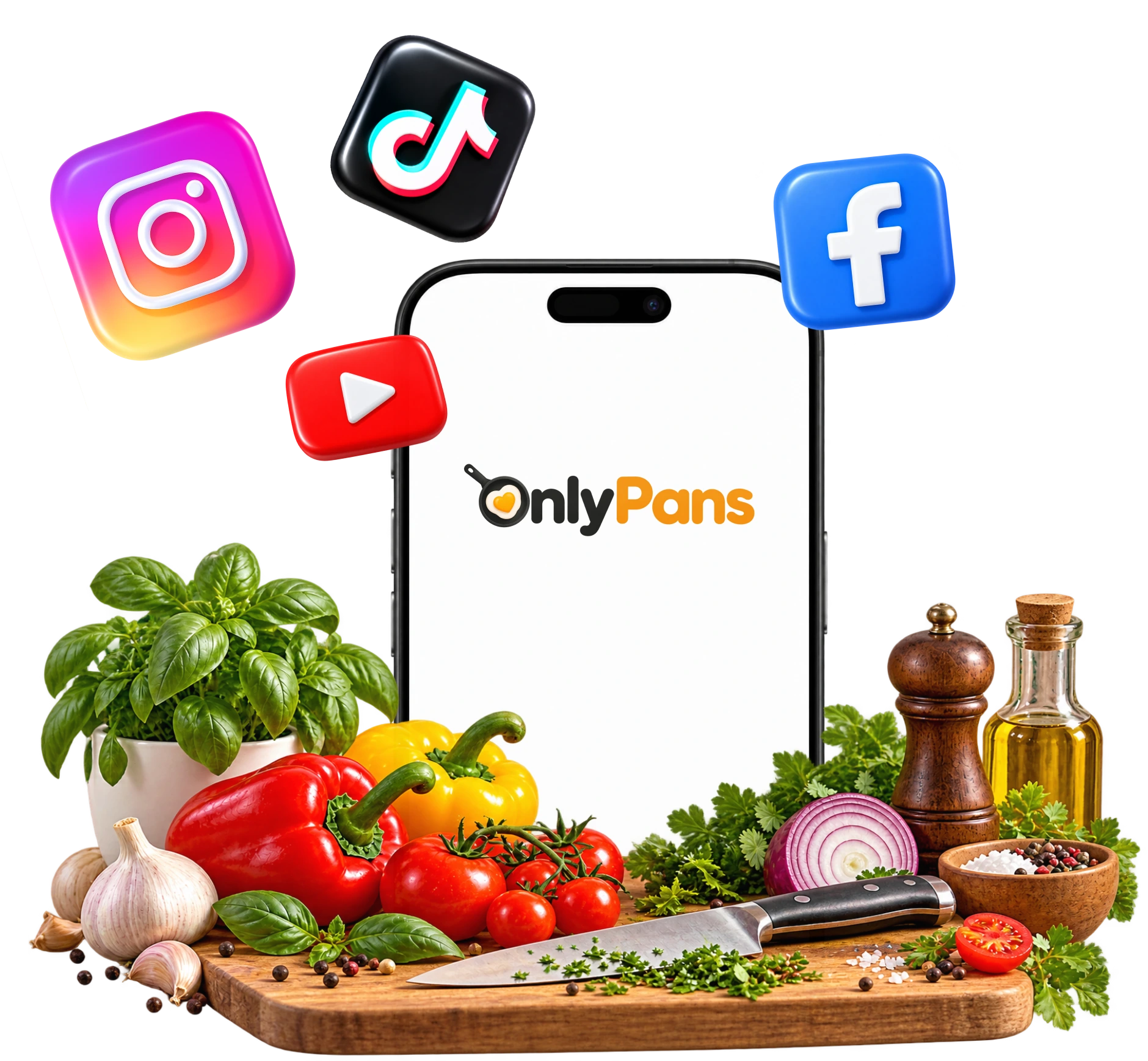 OnlyPans on a phone surrounded by Instagram, TikTok, YouTube and Facebook icons, fresh vegetables and cooking ingredients