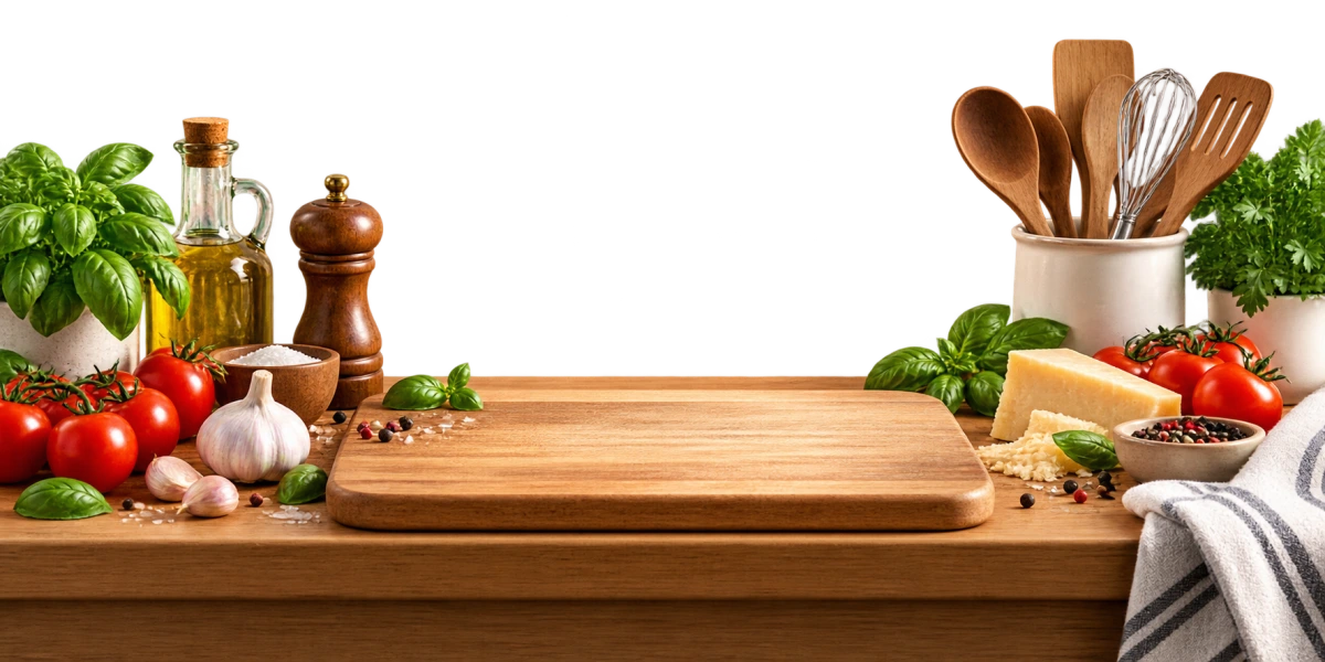 A wooden chopping board surrounded by fresh herbs, vegetables and kitchen utensils