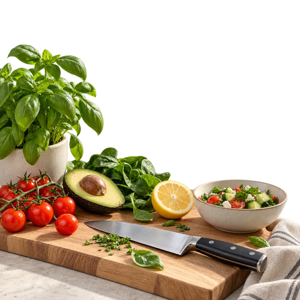Fresh vegetables, avocado, a salad bowl and a chef’s knife on a wooden chopping board
