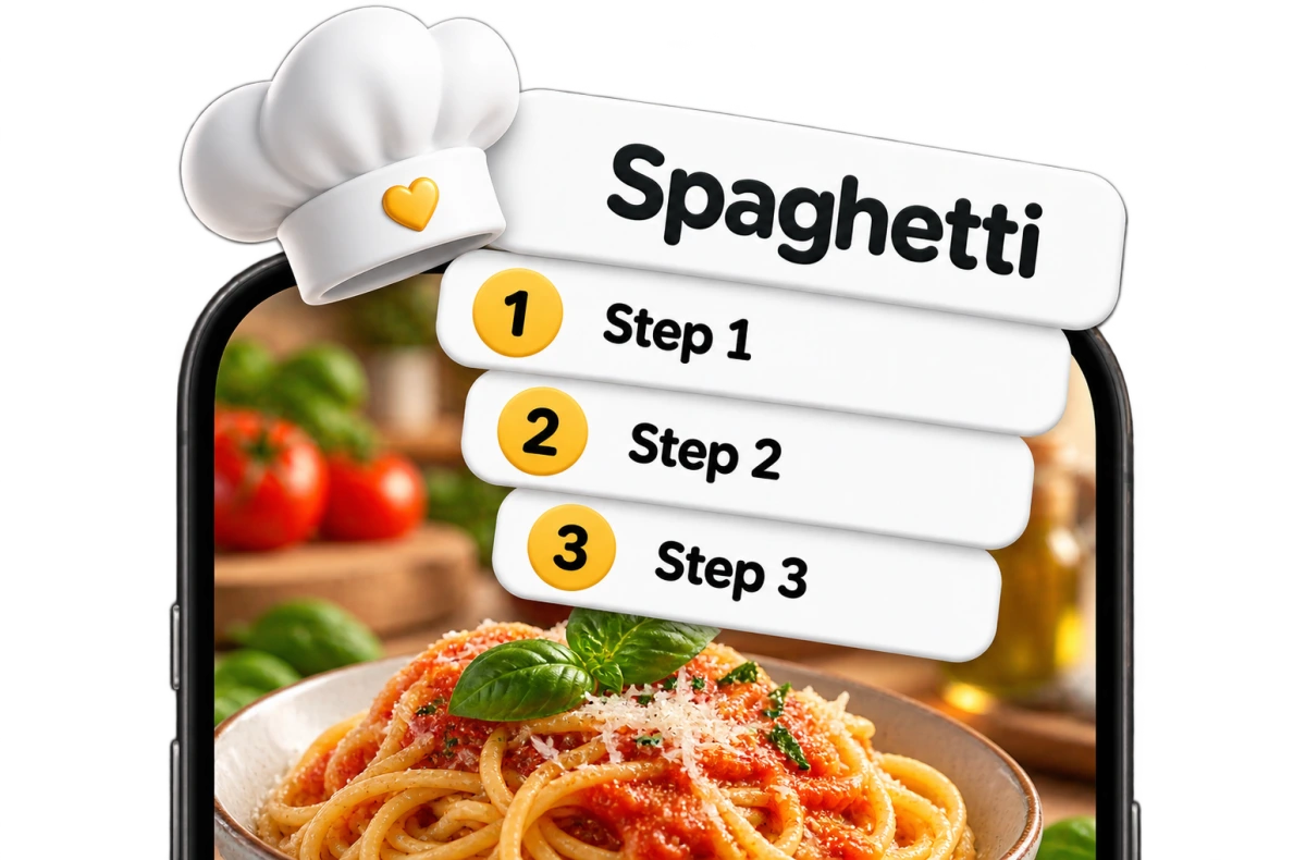 Spaghetti recipe on a phone with a chef’s hat and three cooking steps