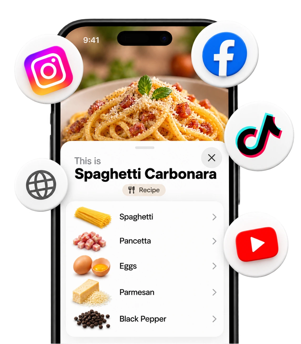 Spaghetti Carbonara imported on a phone, with social app icons and its ingredient list